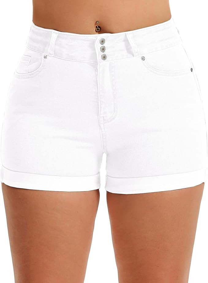 Women's Summer High Waisted Stretch Denim Shorts Casual Folded Hem Jean Shorts | Amazon (US)