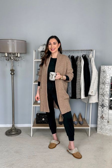 Cozy casual outfit ❤️

Camel sweater blazer size xs, fits very oversized size down 
Black tee shirt size small, TTS
Black jogger pants size small, TTS
Slippers (linked similar)
Anthro mug

WFH outfit 
Travel outfit 
Lounge wear 

#LTKtravel #LTKfindsunder100 #LTKsalealert