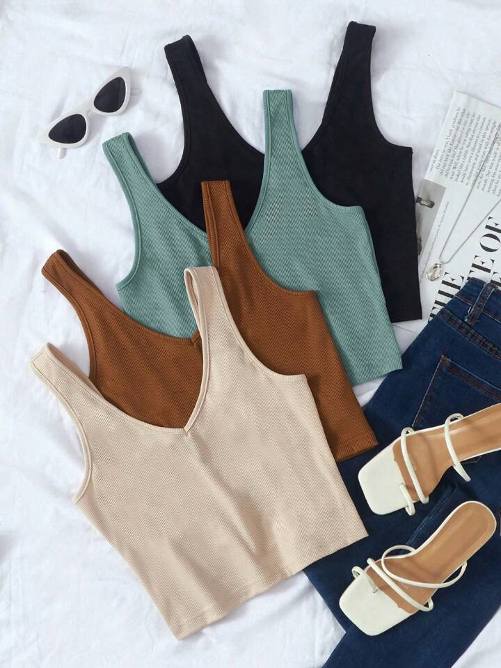 Chiquease 4 Tops Sin Mangas De Mujer De Color Sólido | SHEIN