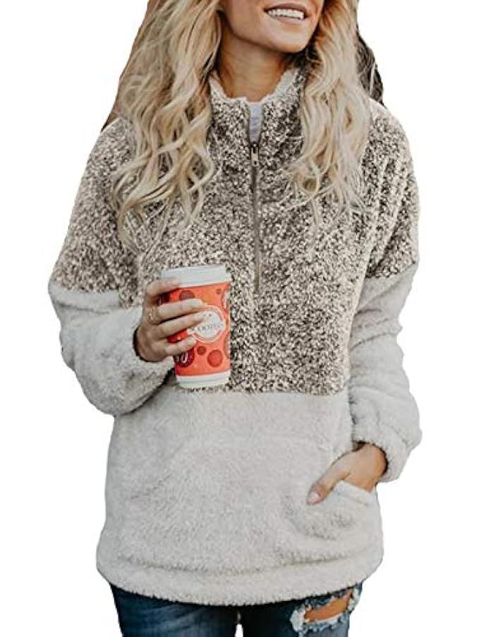 TEMOFON Women's Long Sleeve Zipper Casual Hooded Sweatshirt Sherpa Pullover Winter Outwear Jackets C | Amazon (US)