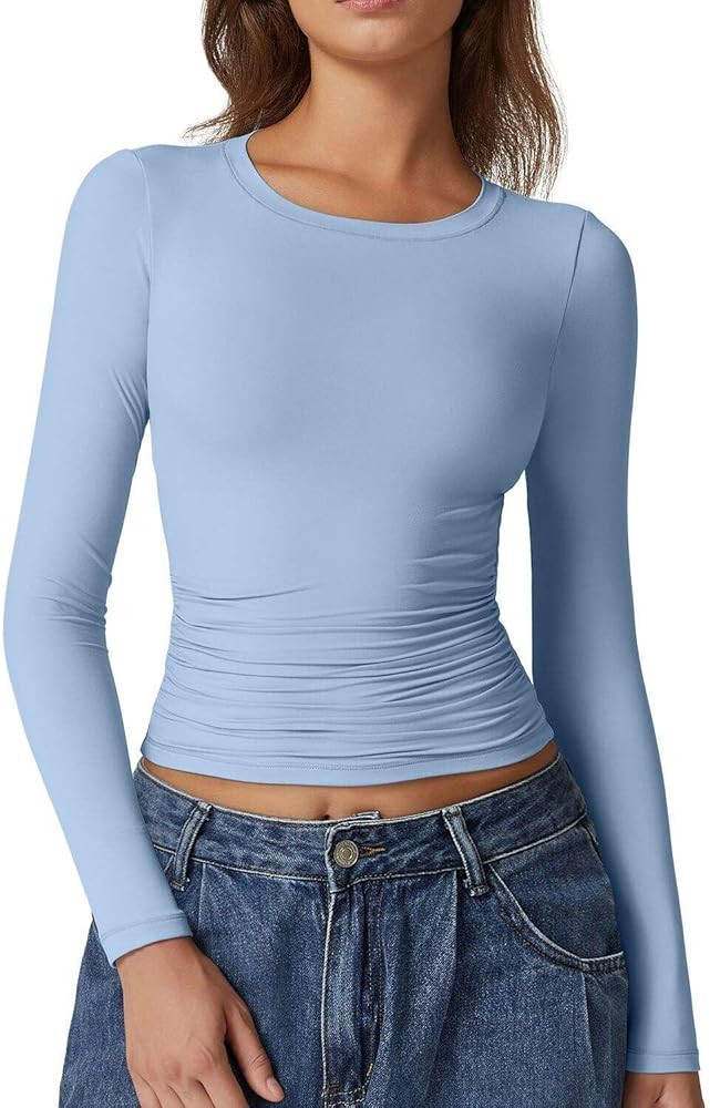 QINSEN Womens Crewneck Long Sleeve Shirt Double Lined Basic Tees Side Ruched Going Out Crop Tops | Amazon (US)