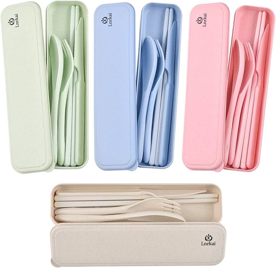 Reusable Travel Utensil Set with Case, 4 Sets Wheat Straw Cutlery Spoon Knife Forks Chopsticks Ta... | Amazon (US)