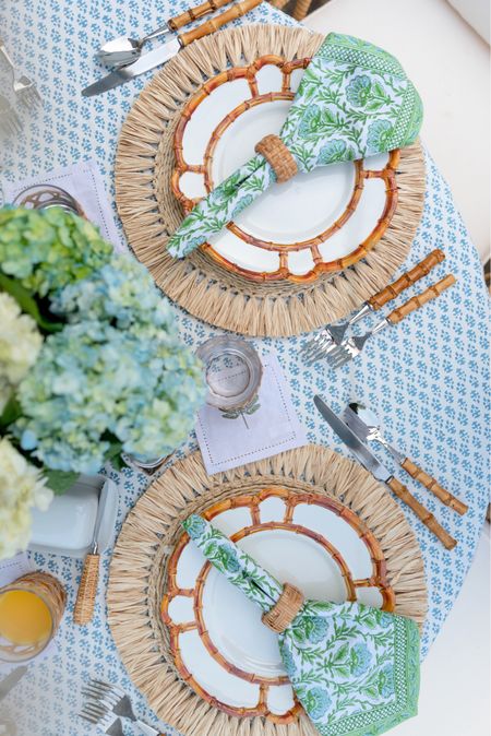 Spring things 🌿 a tabletop perfect for outdoor dining. Blue & green with bamboo, raffia, and wicker accents

#LTKover40 #LTKstyletip #LTKhome