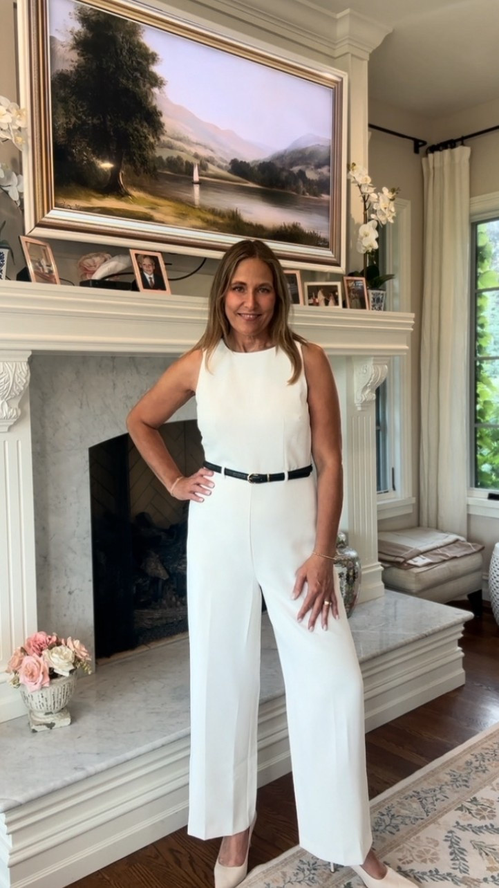 Love this white jumpsuit we recently got from Ann Taylor. It would look great with a patterned belt and cardigan over it as well. Or wear to work by adding a blazer and tote bag. 

#LTKMidsize #LTKSeasonal #LTKOver40