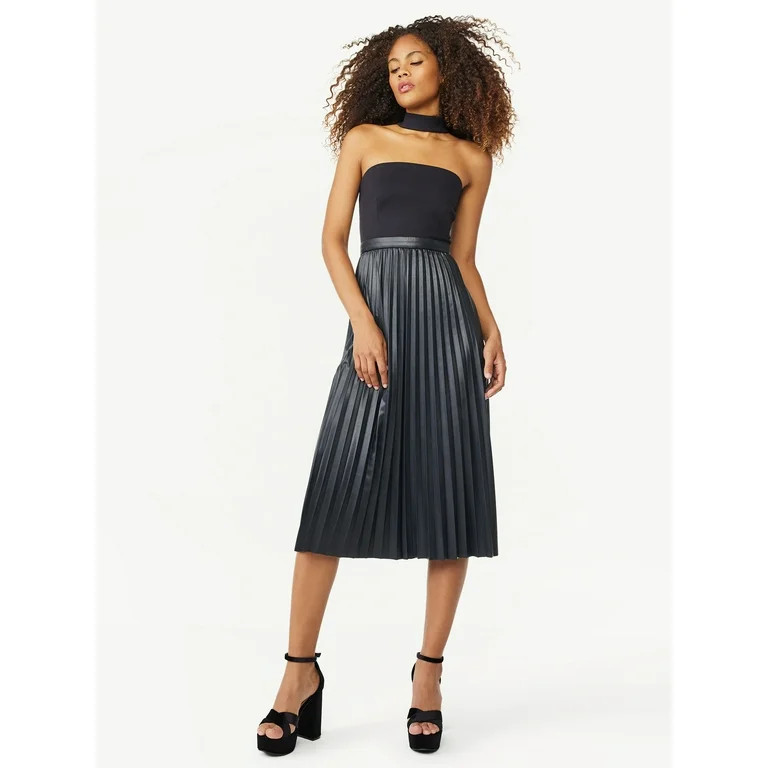 Scoop Women's Faux Leather Pleated Strapless Dress with Scarf Neck Tie, Sizes XS-XXL | Walmart (US)