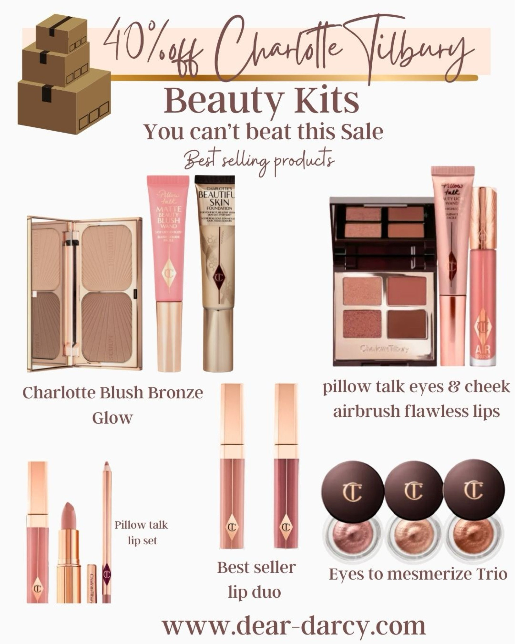 40%off  Charlotte Tilbury 
Beauty sets

Here’s a few of my favorites!
I’ve never seen these beauty kits 40% off

Pillow talk luscious lipstick 3 piece sets

Pillow talk eyes and cheek airbrush flawless lip kit

Charlotte Blush bronze glow

Eyes to mesmerize trio

3 step beautiful lips



#LTKBeauty #LTKGiftGuide #LTKSaleAlert