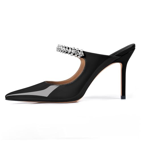 XINIUNIU Heeled Mule Heels for Women Rhinestone Black Heels Pointy Toe Slip On 4inch Stiletto Closed Toe Sandals Dress Wedding Pump Shoes Size 7.5 | Amazon (US)