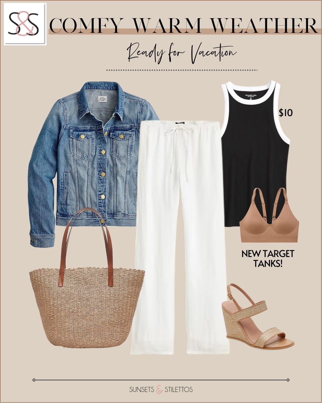 What to wear for a warm weather vacation. Pair a $10 Target tank with linen pants and a denim jacket for an easy look that feels polished and resort-ready. Add wedges and a straw tote to finish the outfit.

Sunsets and Stilettos warm weather outfit Target tank outfit idea resort outfit spring outfit linen pants denim jacket resort capsule travel outfit neutral wedges vacation packing coastal style

#LTKTravel #LTKSeasonal #LTKOver40