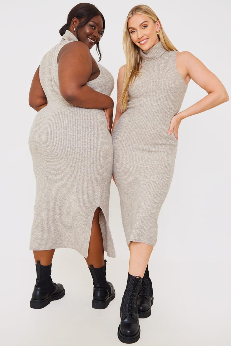 STACEY SOLOMON RECYCLED MOCHA ROLL NECK MIDAXI CO ORD KNITTED DRESS | In The Style (UK)