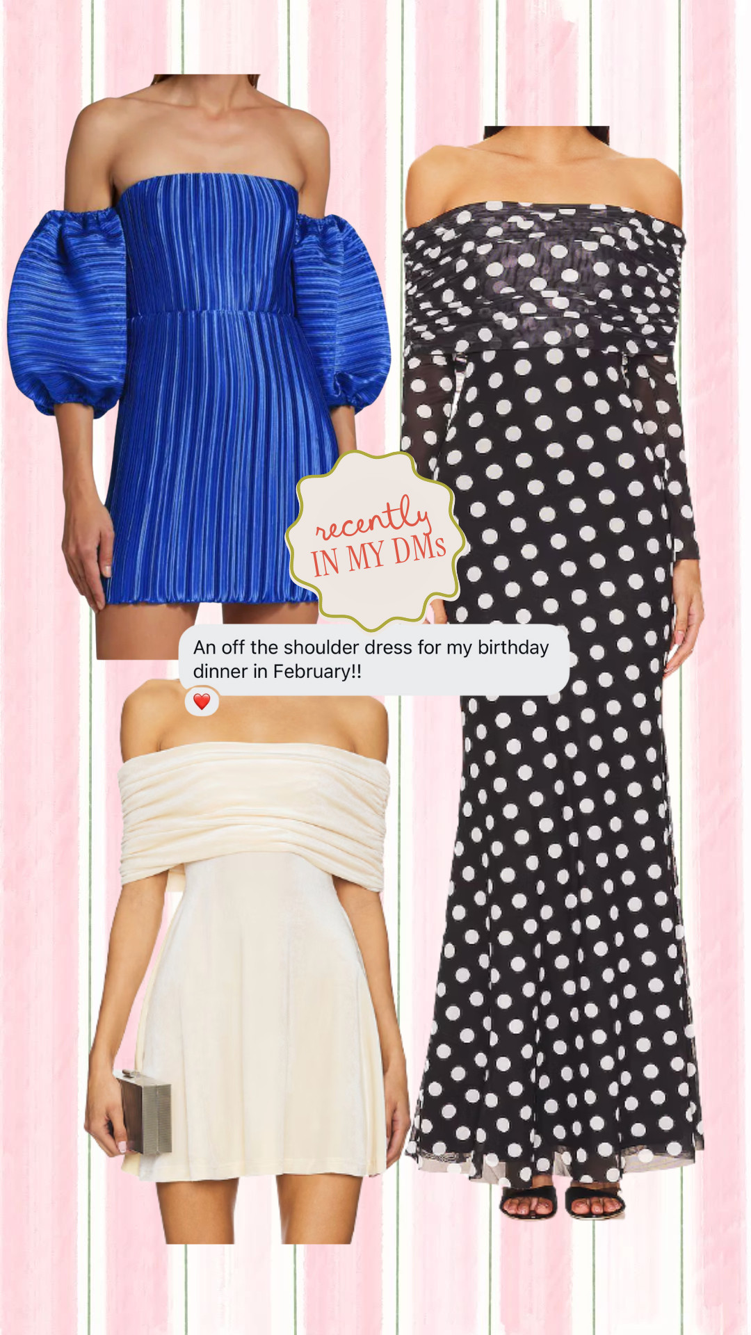 Some cute off the shoulder dresses!! 

 

#LTKootd #LTKFindsUnder100 #LTKWedding