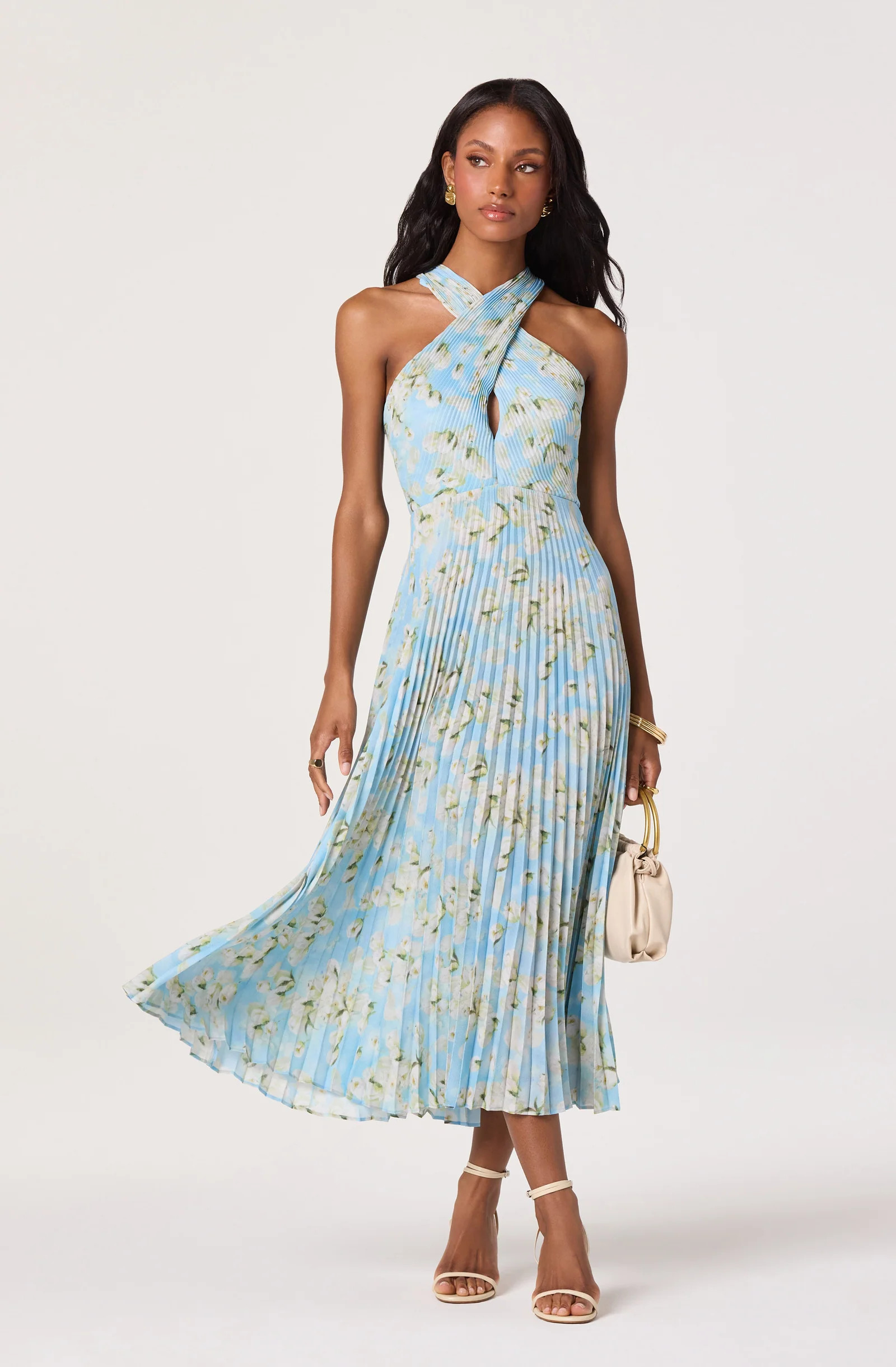 Samantha Plissé Halter Midi Dress - Blue floral / XS | ASTR The Label (US)