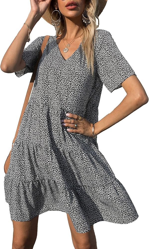 BTFBM Women Summer Tunic Dress V Neck Short Sleeve Casual Loose Cute Leopard Floral Print Babydol... | Amazon (US)
