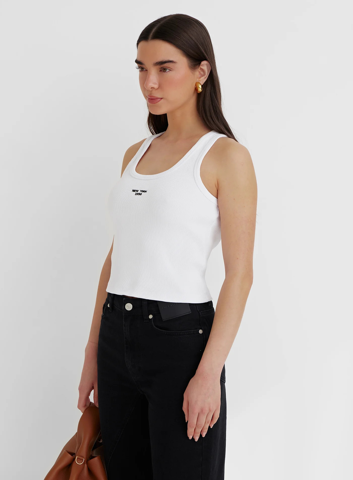 White Ribbed Embroidered Slogan Vest Top- Seona | 4th & Reckless