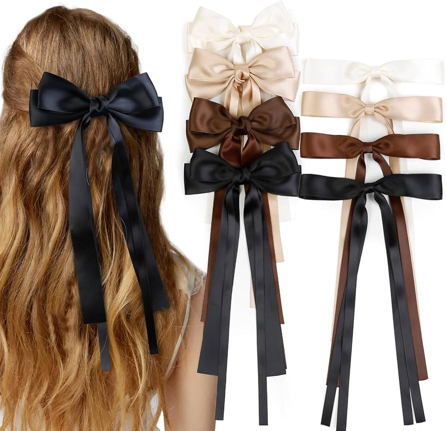8PCS Silky Satin Hair Bows Hair Ribbon Hair Clips for Women Girls, Black Bow for Hair Long Ribbon... | Amazon (US)