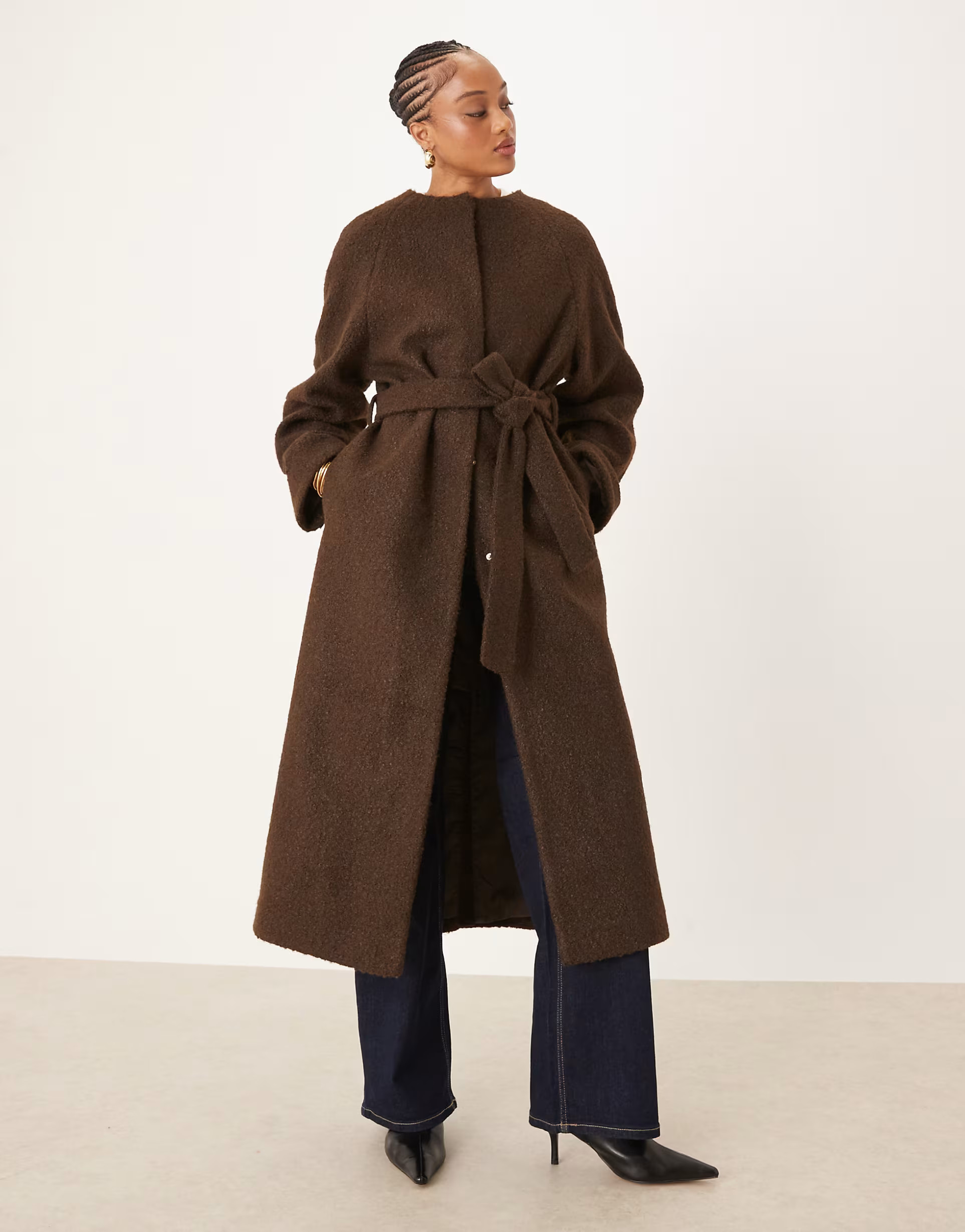ASOS DESIGN Tall collarless boucle longline formal coat in bitter chocolate | ASOS (Global)