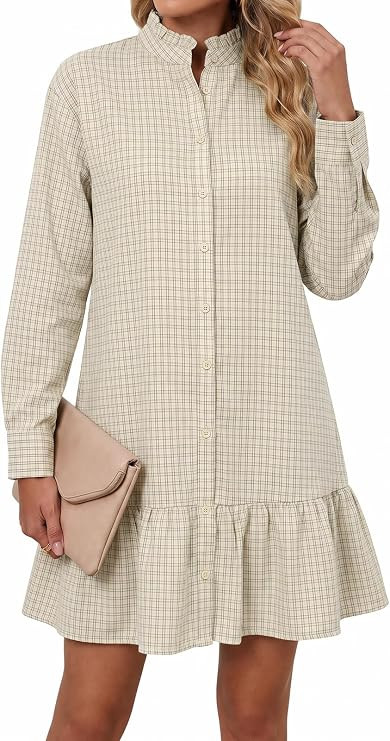 Wenrine Womens Long Sleeve Shirt Dress Casual Plaid Button Down Ruffle Loose Fit Fall Mini Dresse... | Amazon (US)