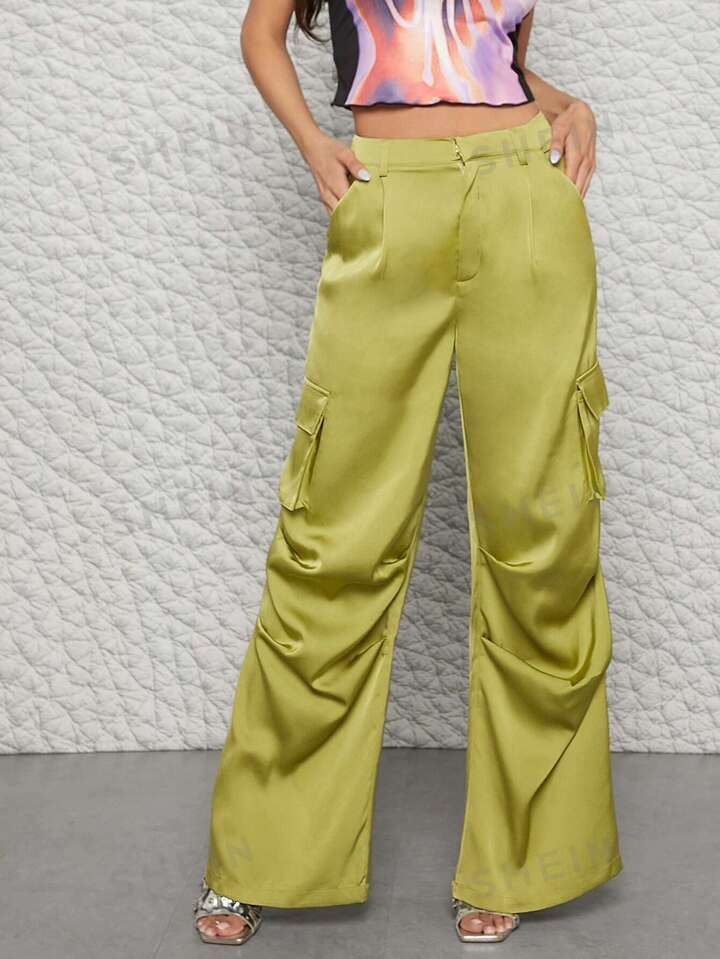 Mienne Satin Flap Pocket Wide Leg Cargo Pants | SHEIN