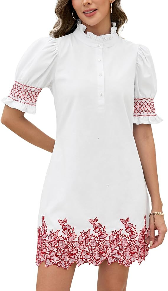 YEXPINE Women's Summer Embroidered Mini Dress Short Puff Sleeve Ruffle Collar Button Front Shift ... | Amazon (US)