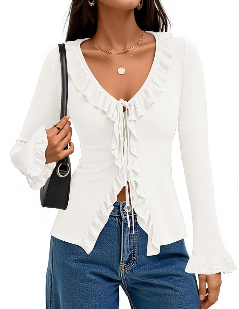 ZESICA Womens 2025 Fall Tie Front Bow Cardigan Sweaters Long Bell Sleeve V Neck Ruffled Knit Crop... | Amazon (US)