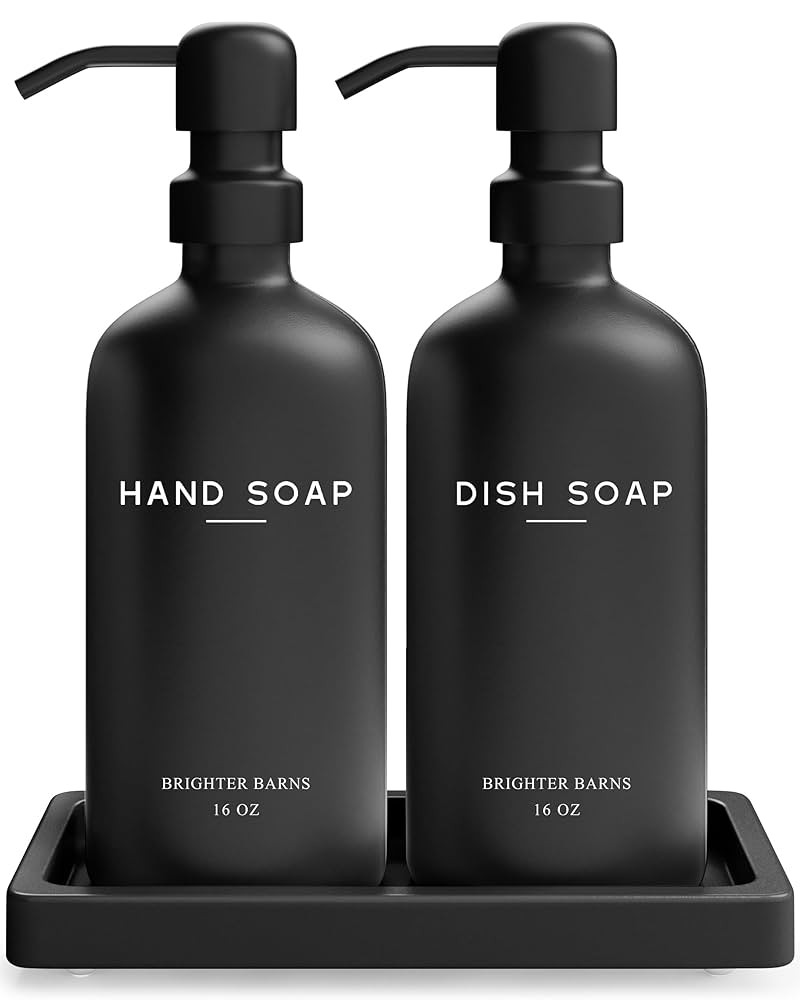 Black Glass Hand and Dish Soap Dispenser Set by Brighter Barns - Kitchen Soap Dispenser Set with ... | Amazon (US)