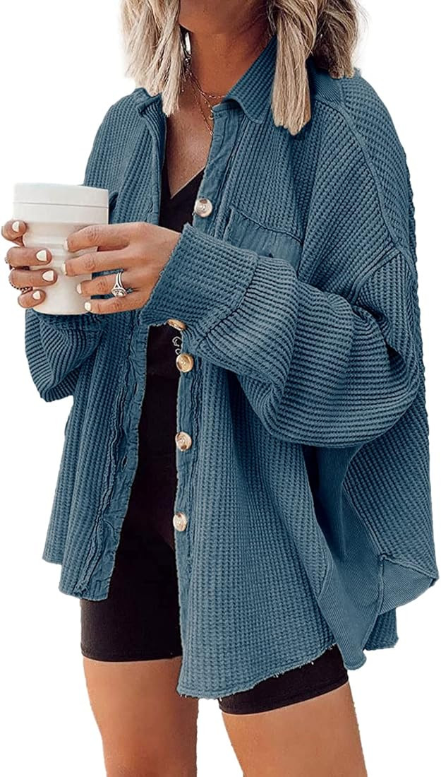 Nirovien Womens Waffle Knit Shirt Jacket Oversized Button Down Shacket Batwing Sleeve Tops | Amazon (US)