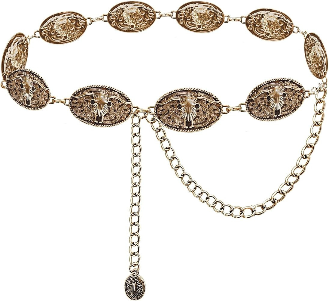 TOPACC Western Metal Concho Belt for Women Cowgirl Chain Belts for Dresses Jeans Country Concert Outfit | Amazon (US)