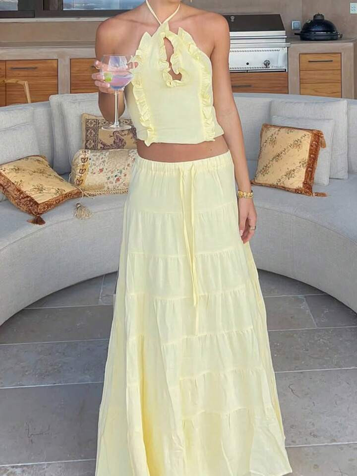Y2k Maxi Skirt Sets Women Summer 2 Piece Outfits Halter Neck Ruffle Trim Crop Cami Tops Long Flow... | SHEIN
