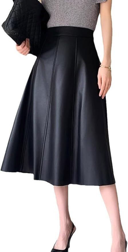 utcoco Womens Casual Long Leather Skirt Stretch High Waist A-Line Swing Midi-Length Faux Leather ... | Amazon (US)