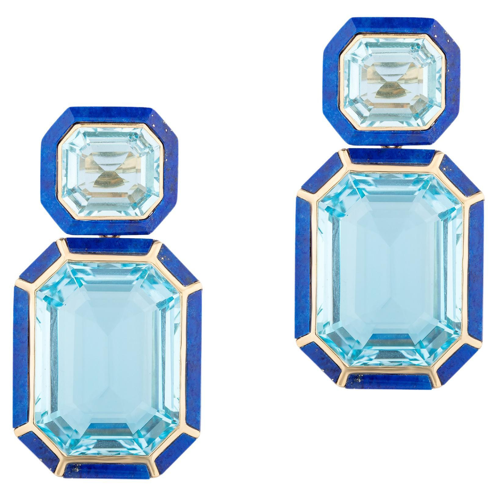 Goshwara Blue Topaz and Lapis Lazuli Emerald Cut Earrings | 1stDibs