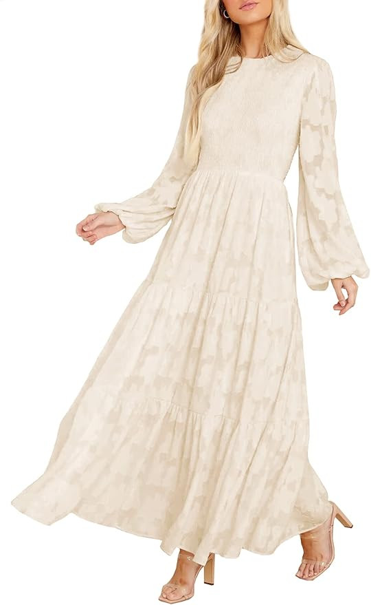 MITILLY Women's Elegant Floral Long Sleeve Round Neck Smocked A-Line Flowy Tiered Maxi Dress with... | Amazon (UK)