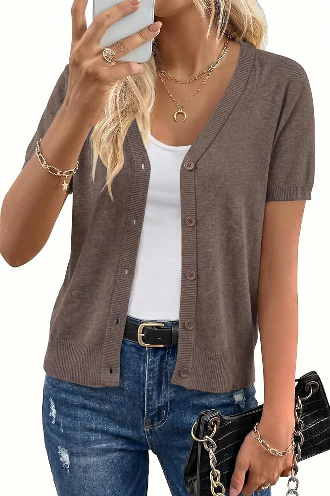 Arach&Cloz Women's Wool Blend Short Sleeve Lightweight Cardigan Business Casual Summer Sweaters T... | Amazon (US)