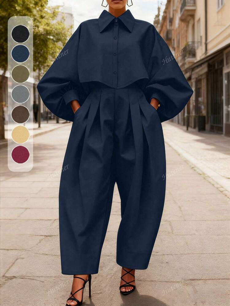 Plus Size Women 2 Pieces Set - Lantern Sleeve Solid Color Lapel Button Design Short Blouse Top + ... | SHEIN