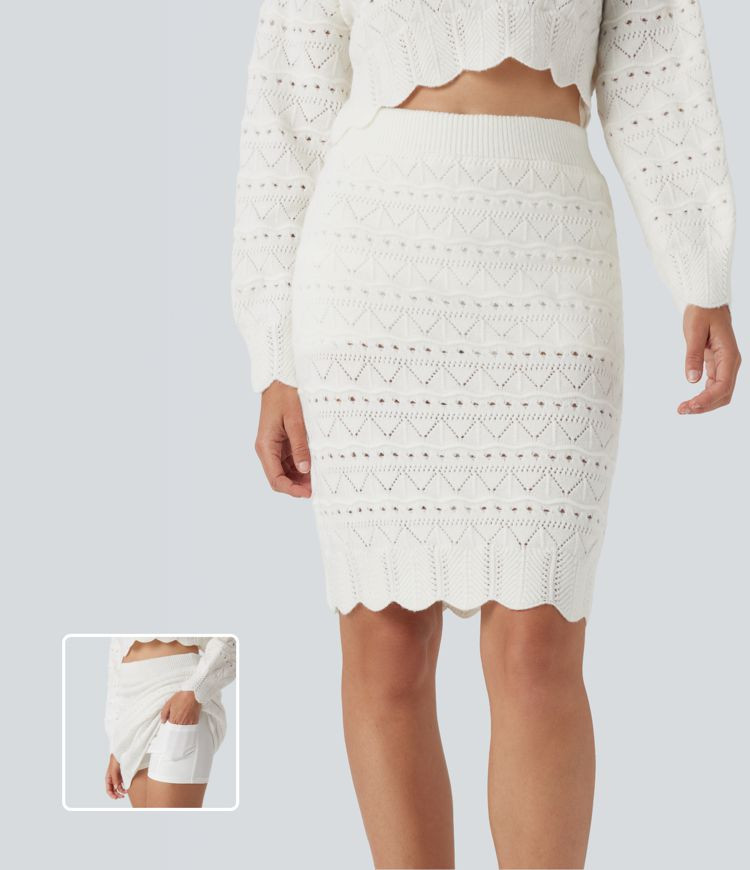 Women’s High Waisted 2-in-1 Open Knit Knee Length Casual Sweater Skirt with Pockets - Halara | HALARA