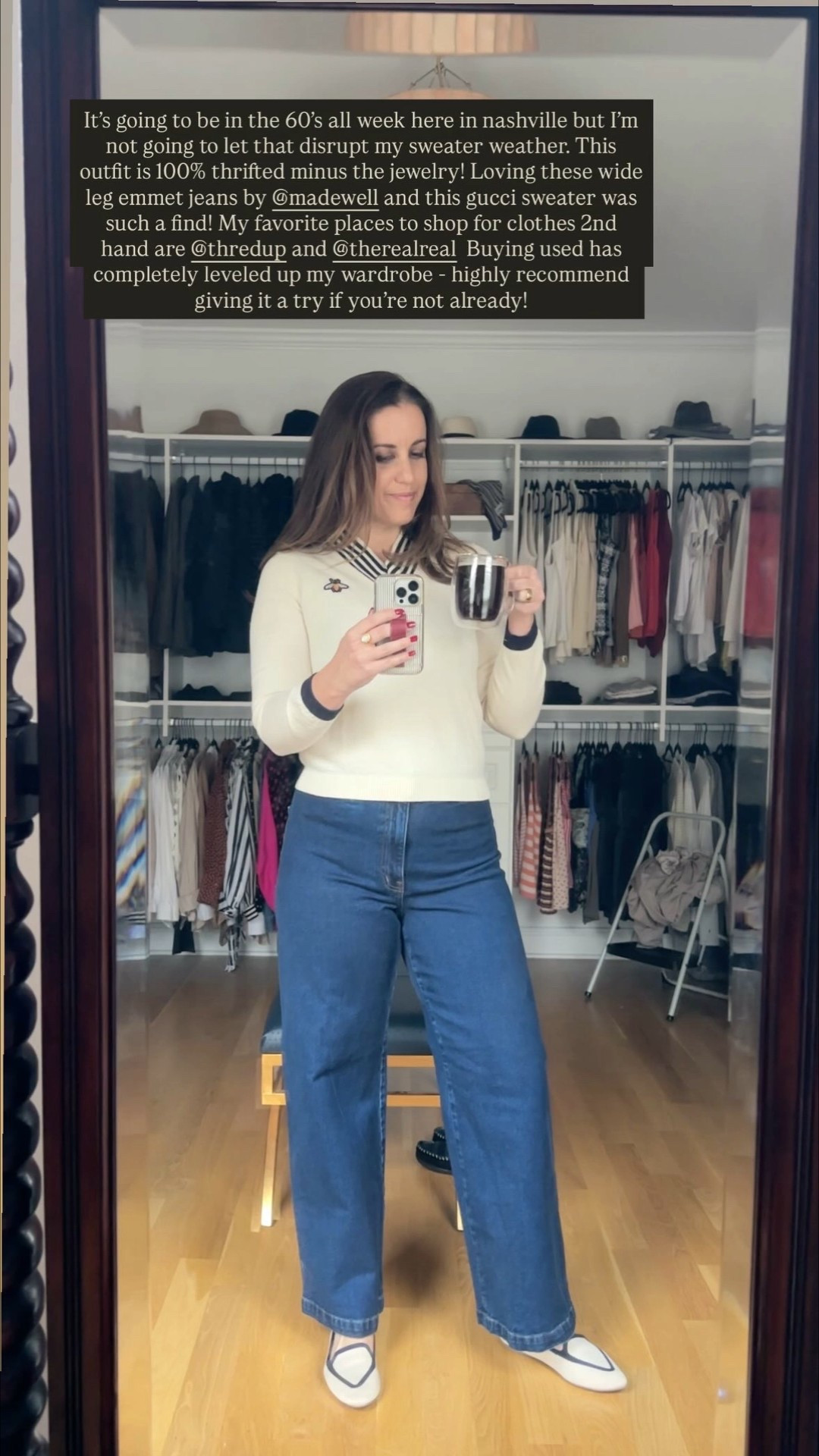 It’s going to be in the 60’s all week here in nashville but I’m not going to let that disrupt my sweater weather. This outfit is 100% thrifted minus the jewelry! Loving these wide leg emmet jeans by @madewell and this gucci sweater was such a find! My favorite places to shop for clothes 2nd hand are @thredup and @therealreal  Buying used has completely leveled up my wardrobe - highly recommend giving it a try if you’re not already!