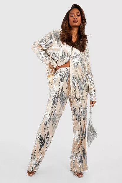 Tonal Sequin Wide Leg Pants | Boohoo.com (US & CA)