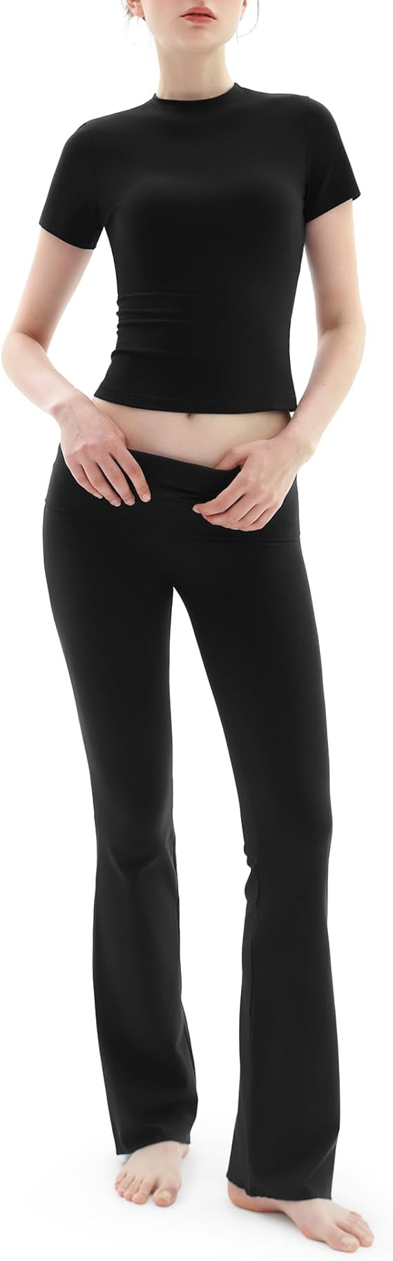 PUMIEY Women's 2 Piece Lounge Sets Short Sleeve Tops Fold-Over Flare Pants Casual Outfits Matchin... | Amazon (US)