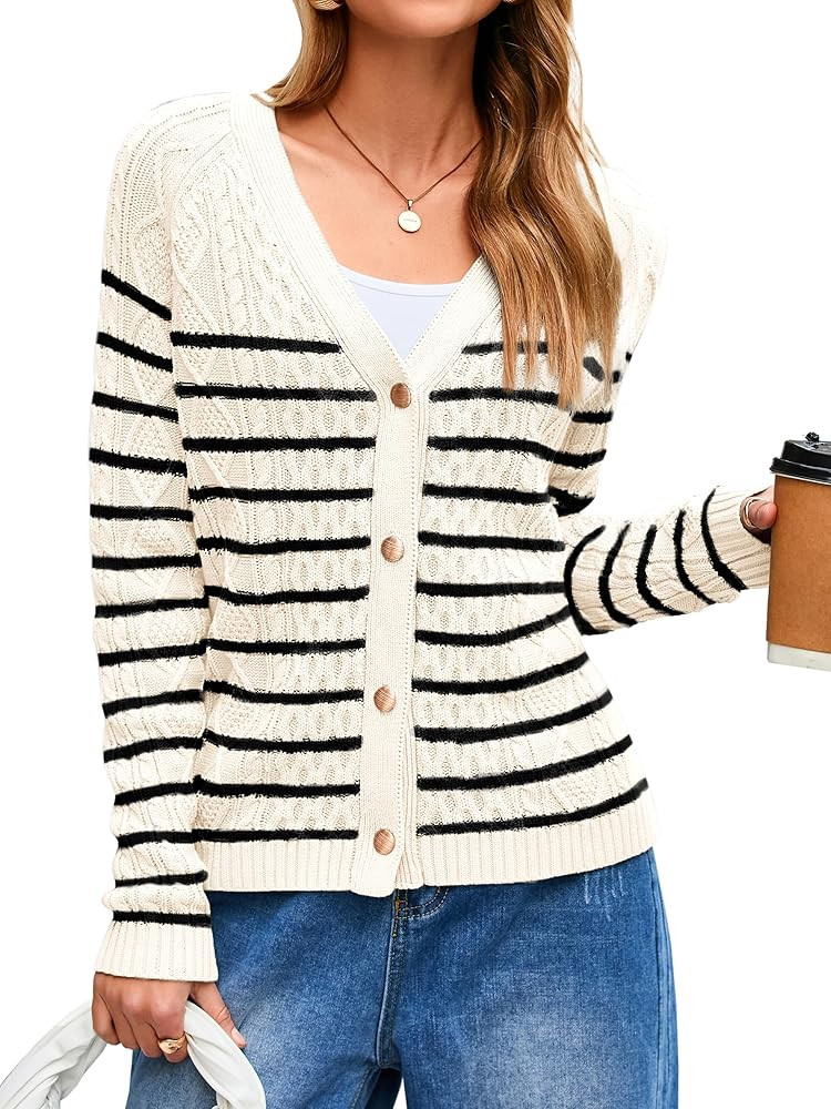 Glamaker Womens Striped Cardigan Sweaters Long Sleeve Button Open Front Knit Cardigans Lightweigh... | Amazon (US)