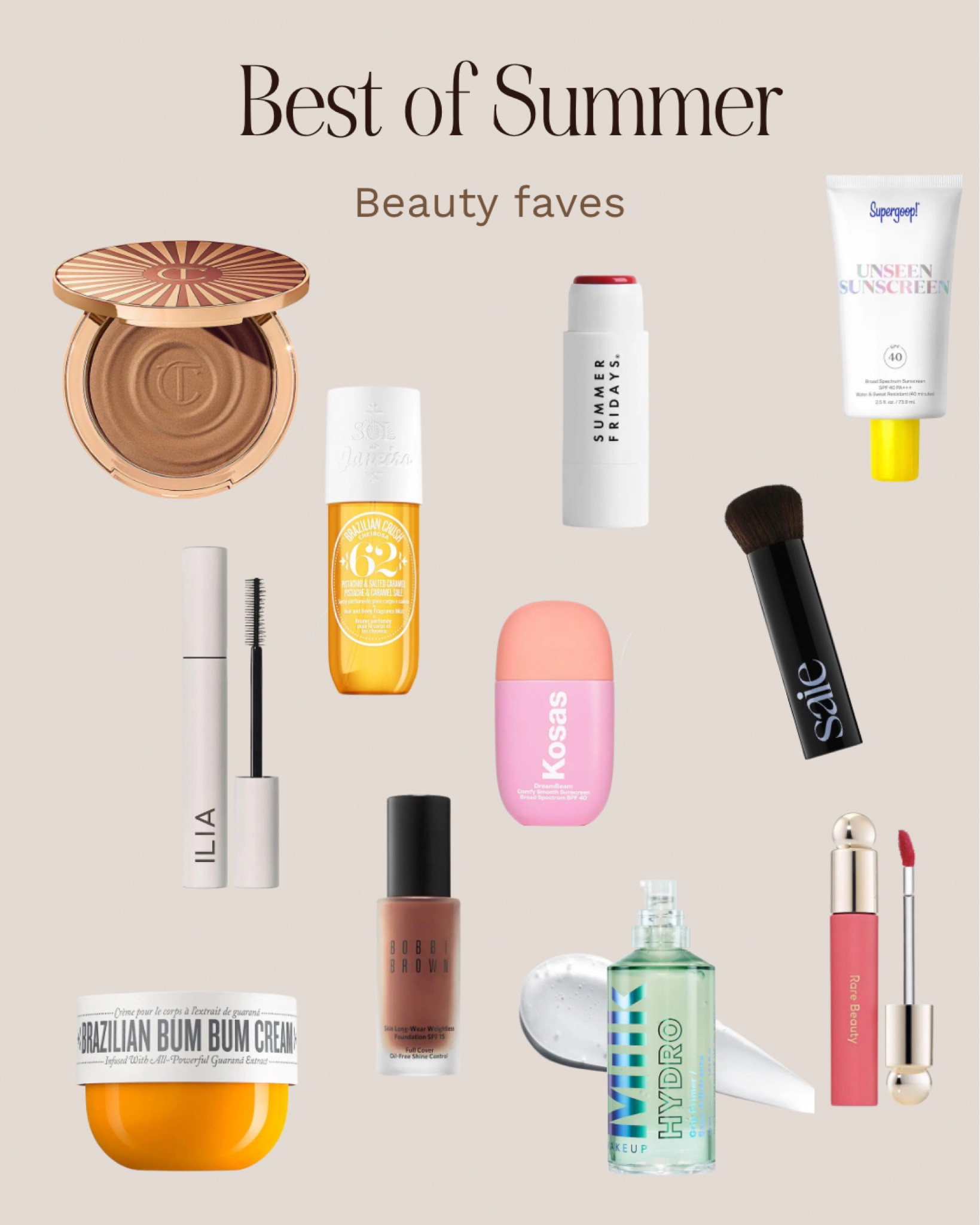 Summer 2023 beauty faves from mascara to foundation, blush, SPF, bronzer, this list has your favorites.



#LTKunder100 #LTKtravel #LTKbeauty
