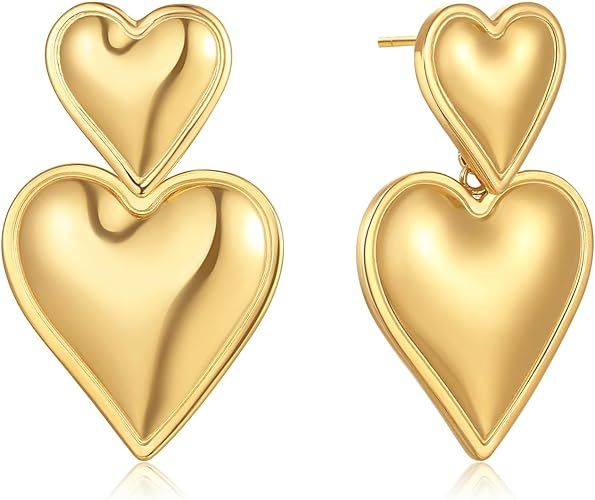 Gold Heart Drop Earrings Double Heart Statement Dangle Earrings for Women Girls Silver， Drop Ea... | Amazon (US)