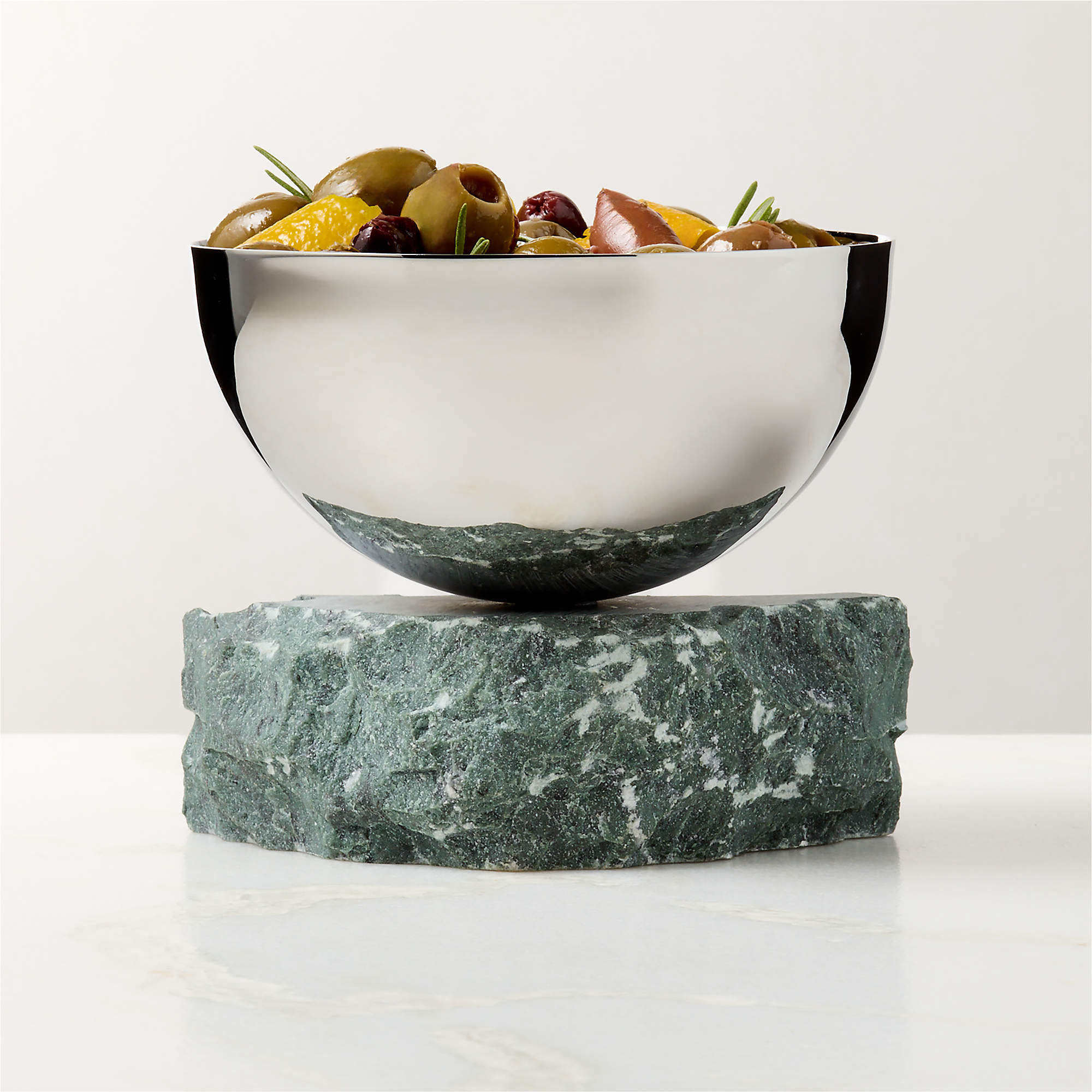 Laftin Polished Stainless Steel and Green Marble Snack Bowl 5" + Reviews | CB2 | CB2