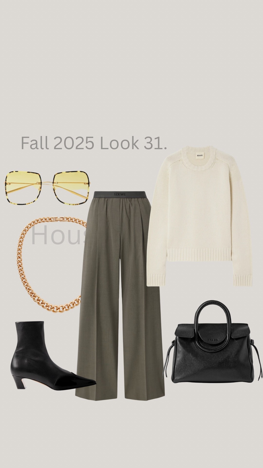 Fall 2025 Look 31. 

Dark gray tailored pants with a deeper gray waistband, paired with a cream Khaite knit and black heeled Khaite boots …the kind of texture play that feels quietly elevated. Finished with a structured black bag and gold and yellow-tinted glasses, and a chunky gold necklace for that touch of bold refinement.
Shop the look: Khaite sweater & boots | structured black bag | gold jewelry | tonal gray trousers | yellow lenses for contrast #LTKStyleTip

#LTKStyleTip #fashion #ootd #nyc #love #looks #ltk #fall #2025 #streetstyle #style #work #LTKStyle #ltkfashion 

#LTKBeauty #LTKootd #LTKgrwm