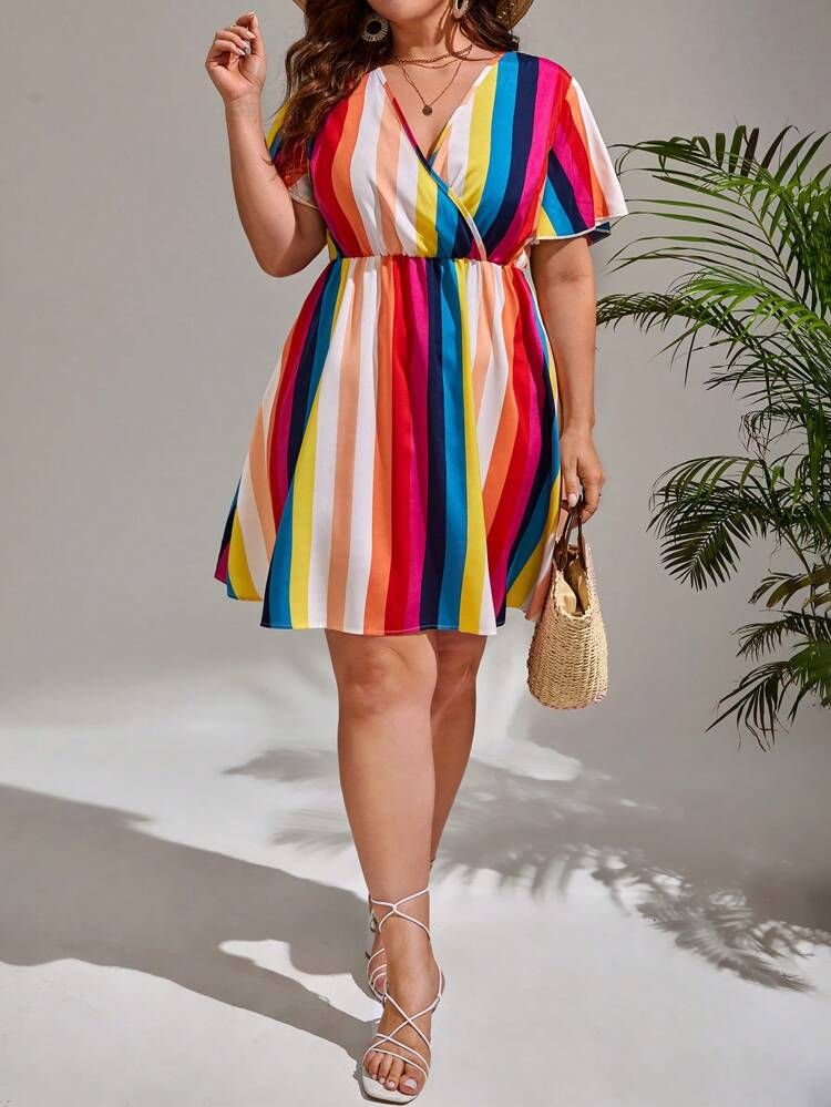 SHEIN VCAY Plus Rainbow Striped Print Surplice Neck Dress
       
              
              $1... | SHEIN