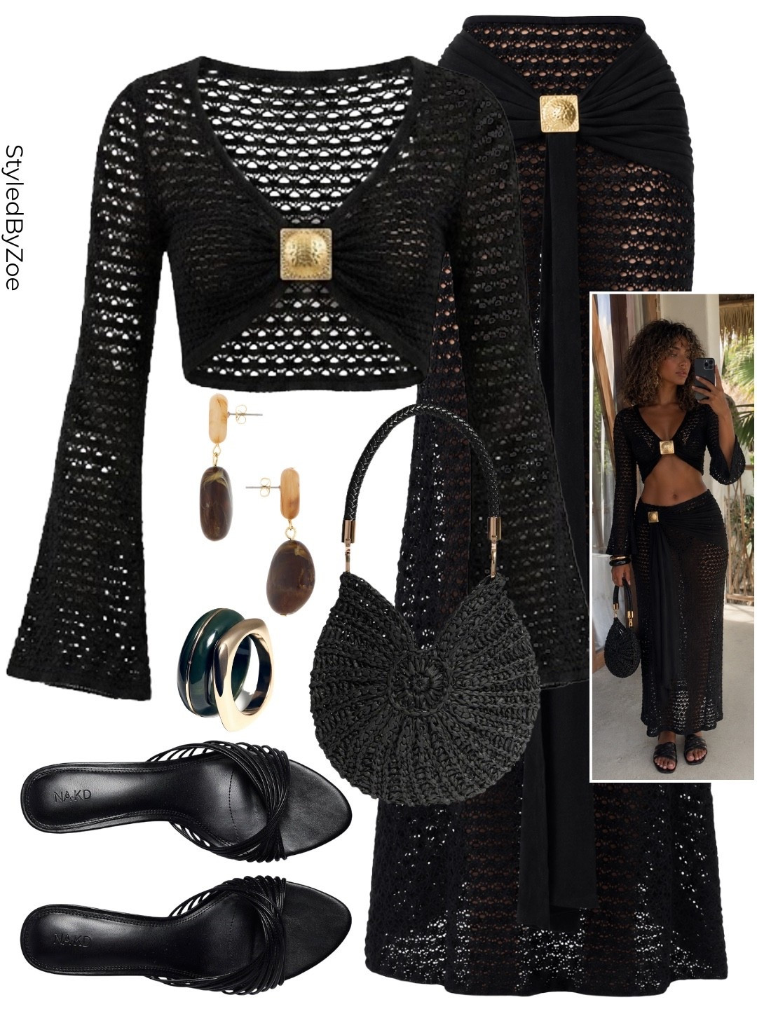All black everything, but make it summer💁🏽‍♀️ This crochet co-ord outfit is giving holiday glamour without trying too hard. Crochet crop top, maxi skirt, woven bag, strappy mules and gold accessories☀️the full formula for an elevated summer evening look🫶🏽

#summeroutfits #crochetcoord #crochetdresses #beachoutfit #holidayoutfit

#LTKsummer #LTKuk #LTKeurope