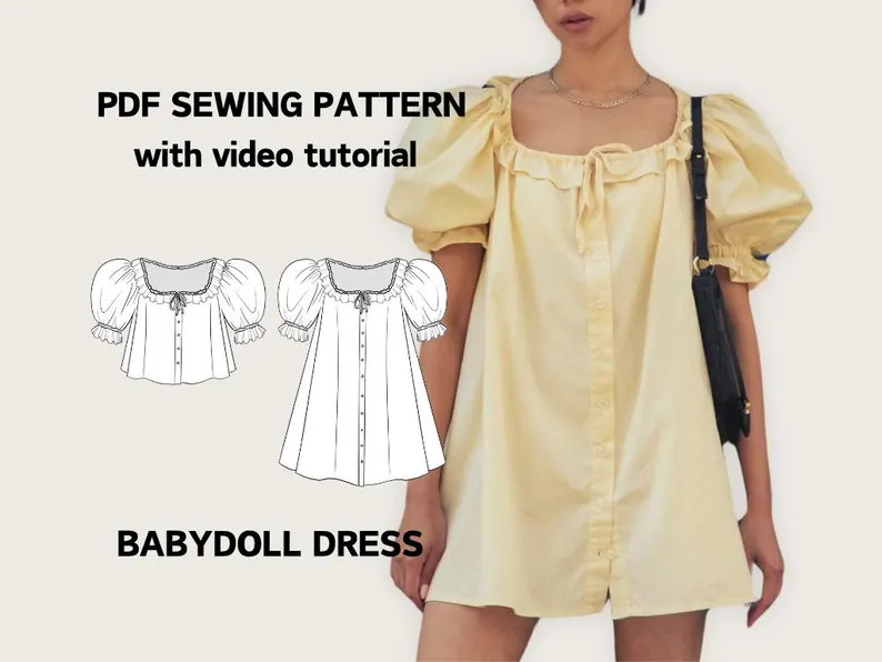 Babydoll Ruffle Neck Tie Puff Sleeve Blouse Dress | PDF Digital Sewing Pattern EU 32-54 US 0-22 |... | Etsy (Global)