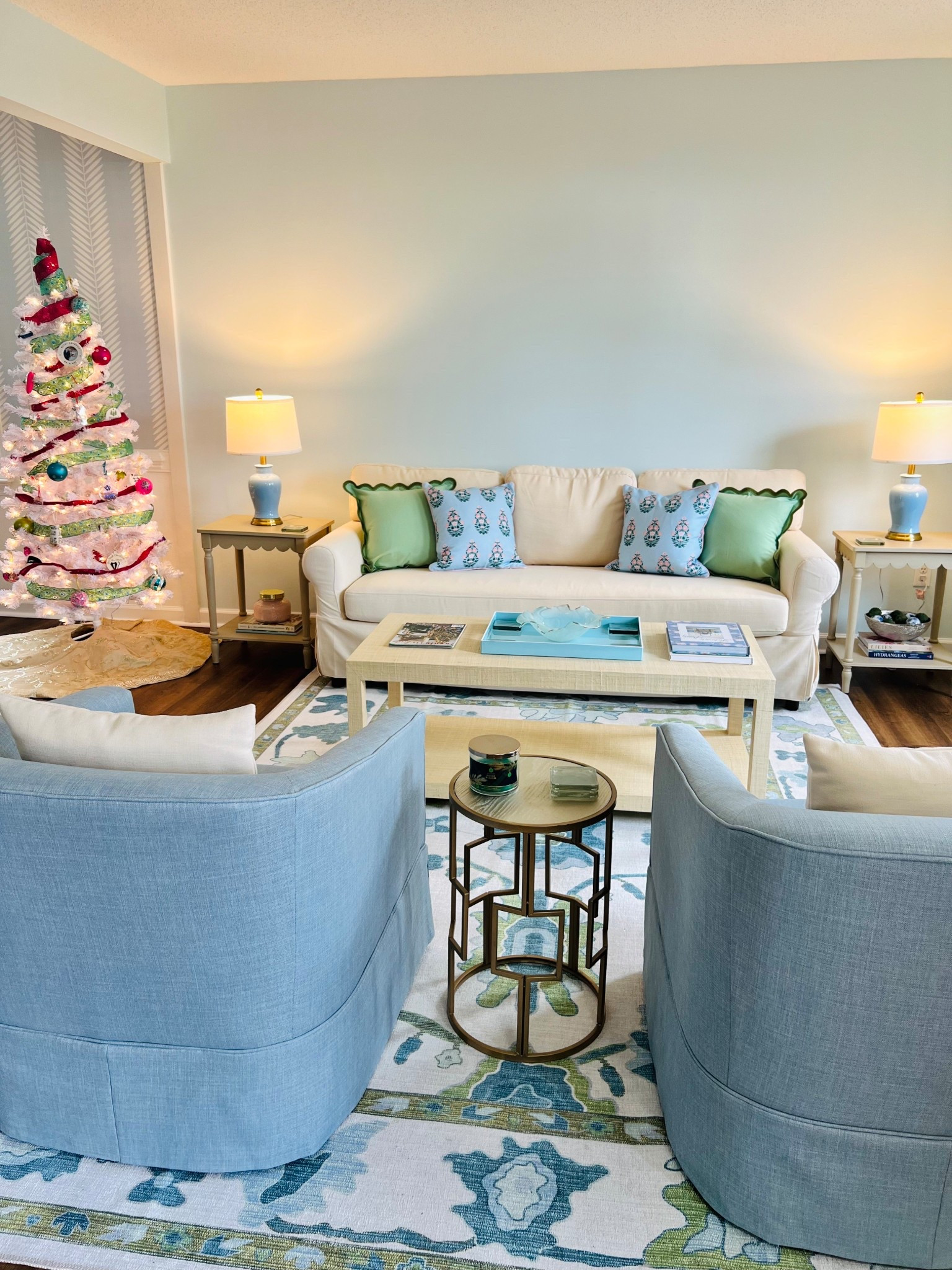 Coastal Grandmillennial Home 🩵🤍💚🎄 Coastal Christmas || Grandmillennial Christmas || Blue Chairs || White Christmas Tree 

#LTKHoliday #LTKSeasonal #LTKHome