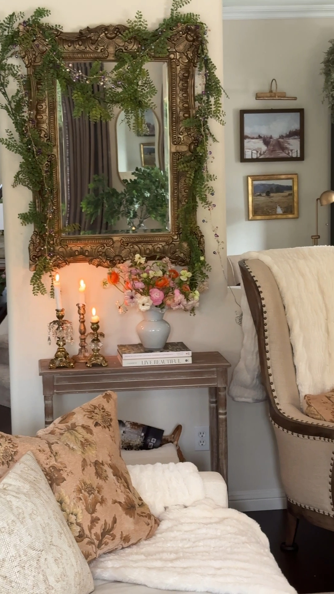 My French Country neutral living room, with a few spring touches, some vintage pieces, tapestry pillows, fresh flowers and candlelight. 

French gold mirror, terrain decor, Arhaus furniture, Hollywood regency candlesticks 

#LTKHome