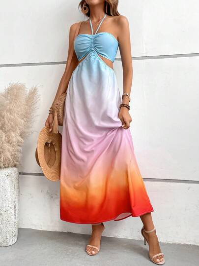 SHEIN LUNE Ombre Drawstring Front Cut Out Waist Halter Neck Backless Dress | SHEIN