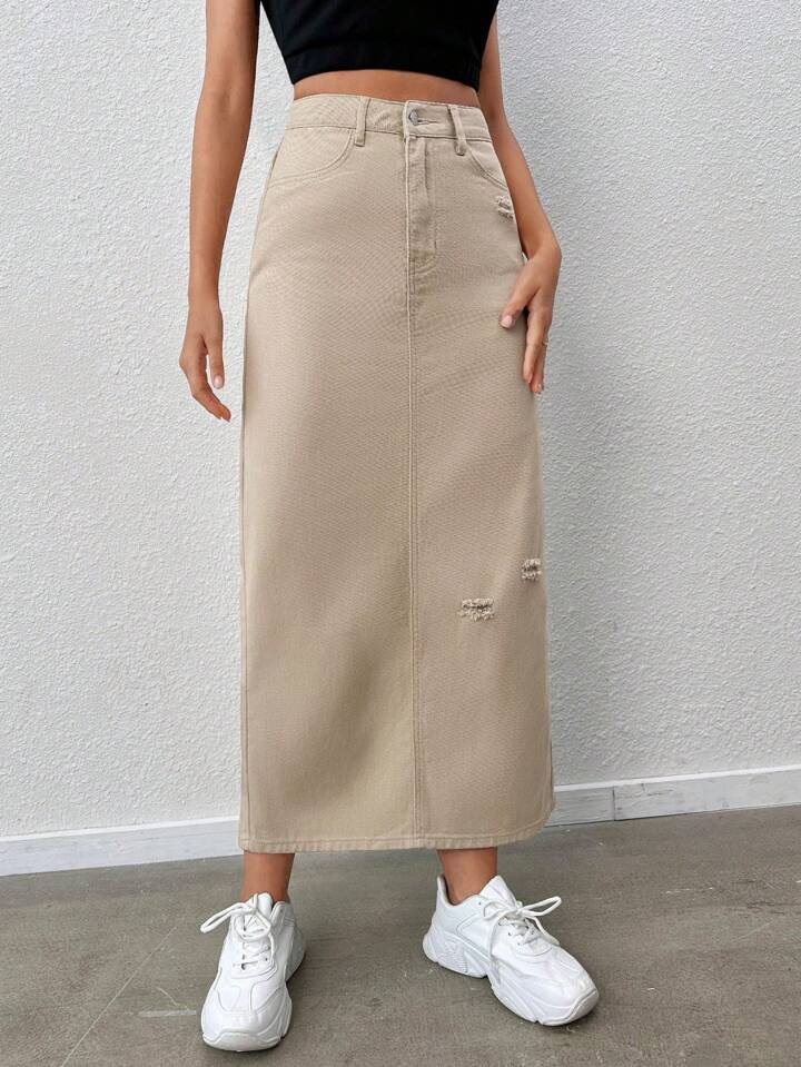 High Waist Ripped Slant Pocket Split Back Denim Skirt | SHEIN