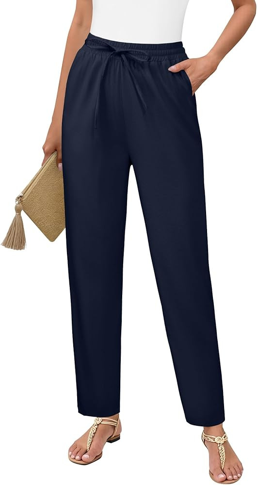 Womens Cropped Linen Pants, High Waisted Drawstring Casual Lounge Ankle Trousers with Pockets Bea... | Amazon (US)