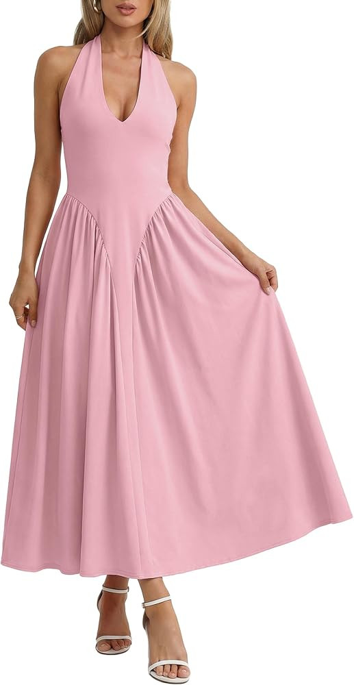 Women Halter V Neck Maxi Dress Sleeveless Drop Waist Corset Formal Sexy Flowy Aline Beach Wedding... | Amazon (US)